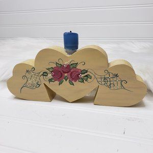Vintage HandPainted Wooden Heart Candle Holder Candelabra Folk Art Country Farm